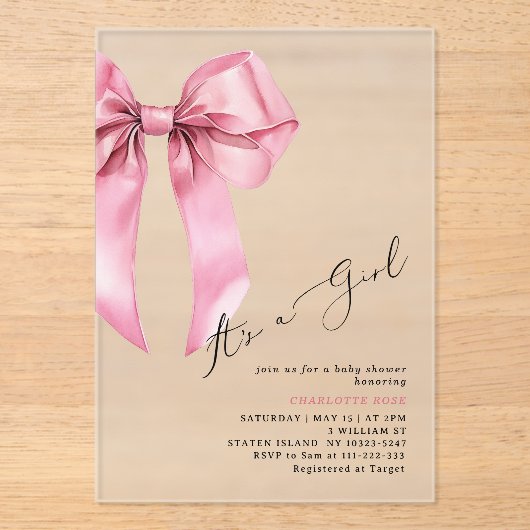 ピンクの弓その女の子の赤エレガントちゃんシャワー アクリル招待状 (正面)