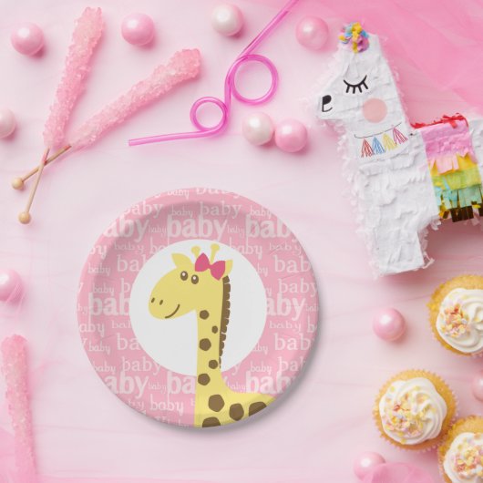 ピンクの弓でキリン女の子のための赤ちゃんシャワー ペーパープレート (パーティー)