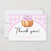 ピンクの弓でパンプキ感謝していンお前の赤ちゃんシャワー サンキューカード (正面)