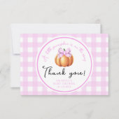 ピンクの弓でパンプキ感謝していンお前の赤ちゃんシャワー サンキューカード (正面)