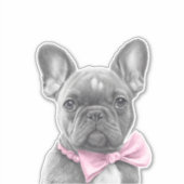ピンクの弓でフランスのキュートな鉛筆画ブルドッグ シール (正面)