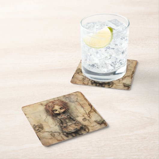 ピンクの弓で不気味な人形 スクエアペーパーコースター (インサイチュ)