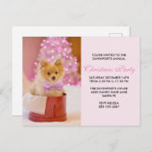 ピンクの弓で可愛いクリスマスドッグのパーティー ポストカード (正面/裏面)