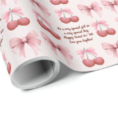 ピンクの弓とさくらんぼコケット名誕生日年齢 ラッピングペーパー (ロールコーナー)