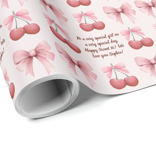ピンクの弓とさくらんぼコケット名誕生日年齢 ラッピングペーパー (ロールコーナー)
