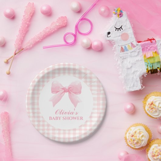 ピンクの弓とイチョウの名門私立校風の赤ちゃんシャワー ペーパープレート (パーティー)