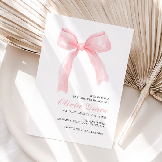 ピンクの弓とイチョウの名門私立校風の赤ちゃんシャワー 招待状