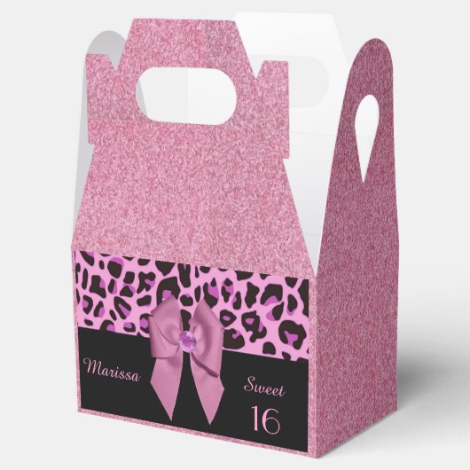 ピンクの弓とグリッター付きヒョウ柄 フェイバーボックス (オープン)