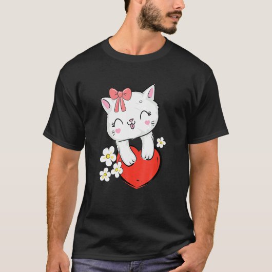 ピンクの弓とハートの子猫が可愛い Tシャツ (正面)