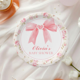 ピンクの弓とバラ名門私立校風のの赤ちゃんシャワー ペーパープレート