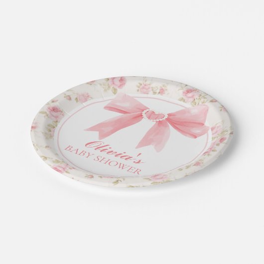 ピンクの弓とバラ名門私立校風のの赤ちゃんシャワー ペーパープレート (アングル)