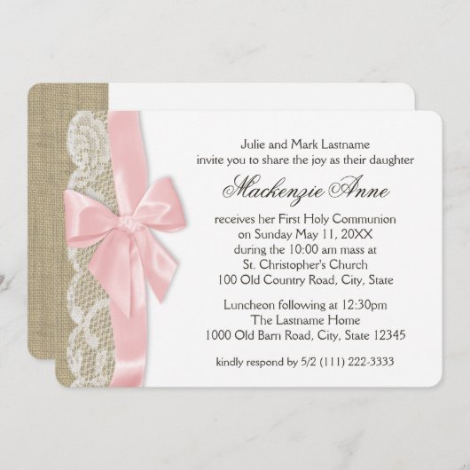 ピンクの弓とレースの最初の聖体 招待状 (正面/裏面)