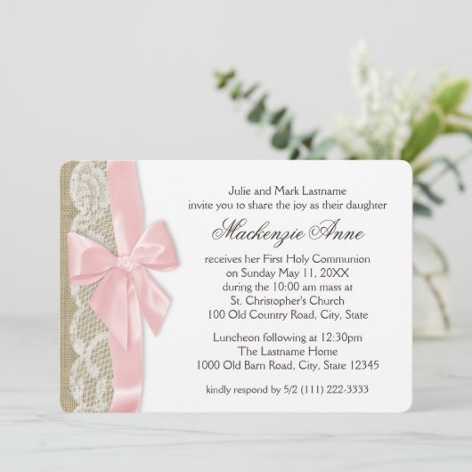 ピンクの弓とレースの最初の聖体 招待状 (スタンド正面)