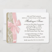 ピンクの弓とレースの最初の聖体 招待状 (正面)