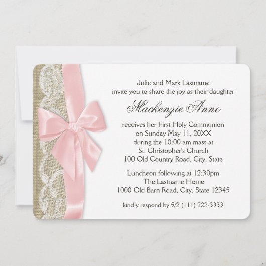 ピンクの弓とレースの最初の聖体 招待状 (正面)