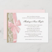 ピンクの弓とレースの最初の聖体 招待状 (正面/裏面)