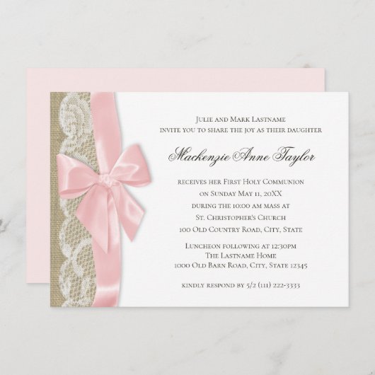 ピンクの弓とレースの最初の聖体 招待状 (正面/裏面)