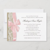 ピンクの弓とレースの最初の聖体 招待状 (正面)