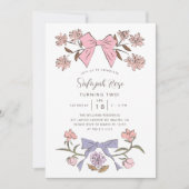 ピンクの弓と花の女の子の誕生日パーティー 招待状 (正面)