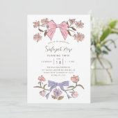 ピンクの弓と花の女の子の誕生日パーティー 招待状 (スタンド正面)