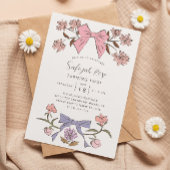 ピンクの弓と花の女の子の誕生日パーティー 招待状