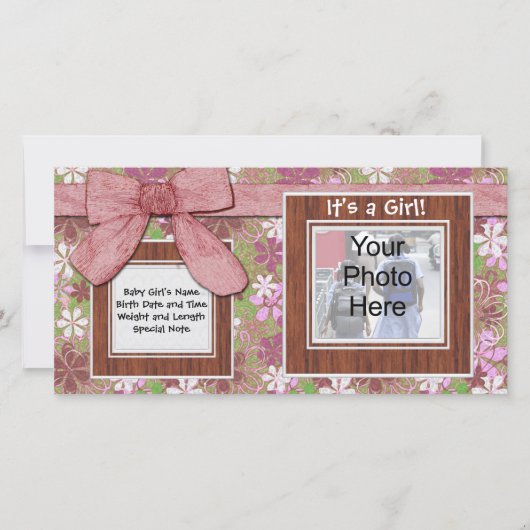 ピンクの弓と花カスタムの写真カード 案内状 (正面)