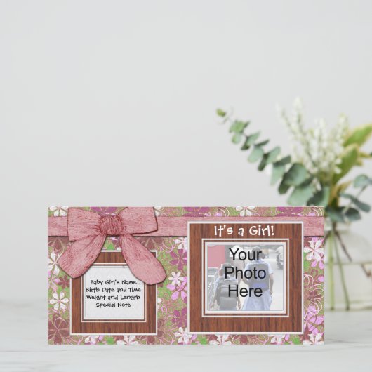 ピンクの弓と花カスタムの写真カード 案内状 (スタンド正面)