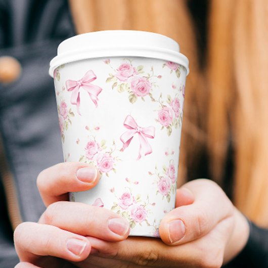 ピンクの弓と花ガーリー 紙コップ
