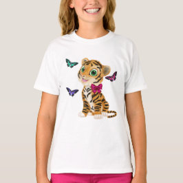 ピンクの弓と蝶と可愛いタイガーキューブ Tシャツ