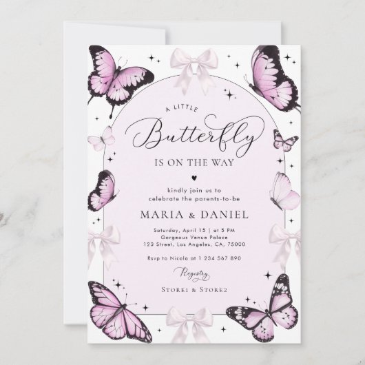 ピンクの弓と蝶ピンクの女の子の赤ちゃんシャワー 招待状 (正面)