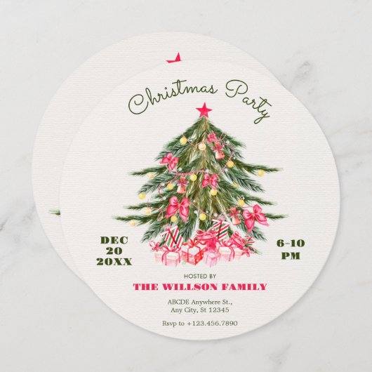 ピンクの弓と贈り物を持つクリスマスツリー 招待状 (正面/裏面)