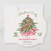 ピンクの弓と贈り物を持つクリスマスツリー 招待状 (正面)