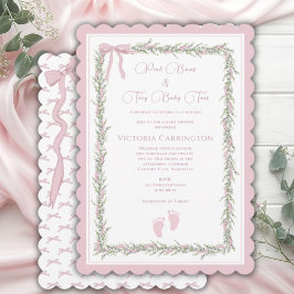 ピンクの弓と赤ちゃんの足跡 エレガントなベビーシャワー 招待状