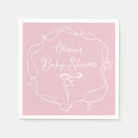 ピンクの弓のウェーブフレーム女の子の赤モダンちゃんシャワー スタンダードカクテルナプキン (正面)