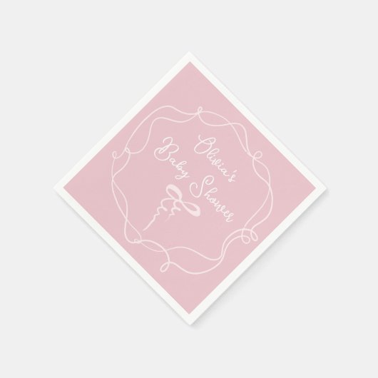 ピンクの弓のウェーブフレーム女の子の赤モダンちゃんシャワー スタンダードカクテルナプキン (角)