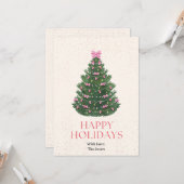 ピンクの弓のクリスマスツリーのホリデーカード カード (正面/裏面インサイチュ)