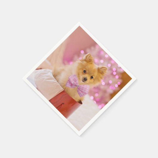 ピンクの弓のクリスマスフォトと可愛い犬 スタンダードカクテルナプキン (角)