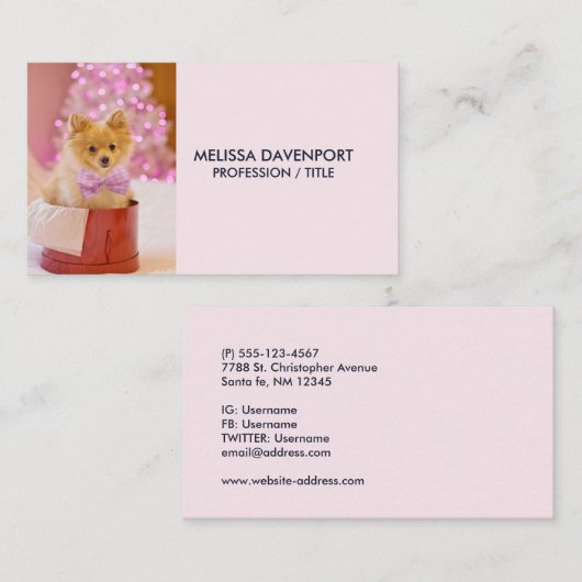 ピンクの弓のクリスマスフォトと可愛い犬 名刺 (正面/裏面)