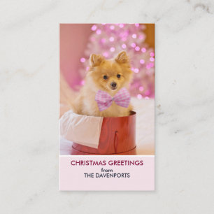 ピンクの弓のクリスマスフォトと可愛い犬 名刺
