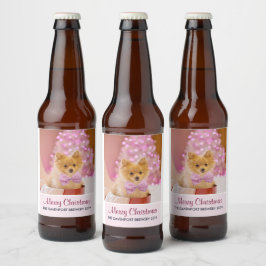 ピンクの弓のクリスマス写真を飾ったかわいい犬 ビールラベル