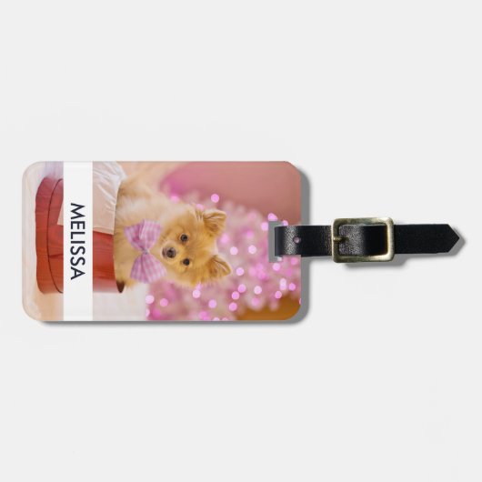 ピンクの弓のクリスマス写真を飾ったかわいい犬 ラゲッジタグ (正面横)