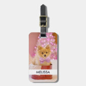 ピンクの弓のクリスマス写真を飾ったかわいい犬 ラゲッジタグ (正面縦)