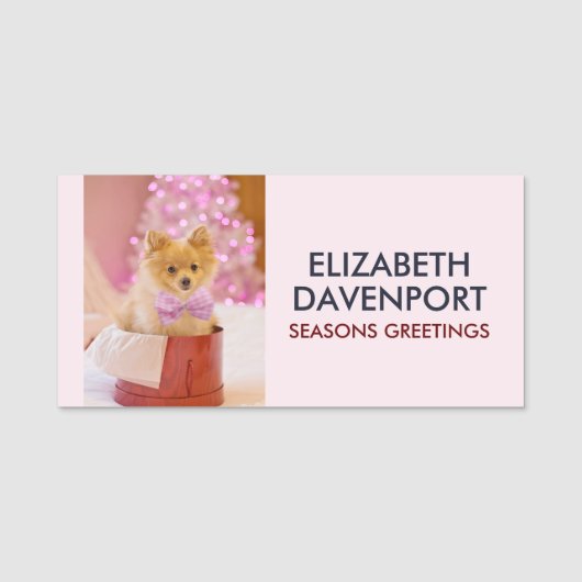 ピンクの弓のクリスマス写真を飾ったかわいい犬 名札 (正面)