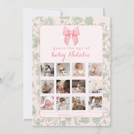 ピンクの弓のサージェントグリーンの赤ちゃんの女の子のシャワーゲーム 招待状 (正面)