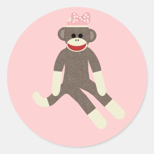 ピンクの弓のステッカーを持つSock Monkeyの女の子 ラウンドシール (正面)