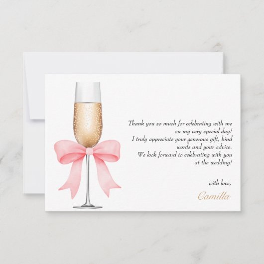 ピンクの弓のパールとプロセッコの結婚前お礼会 サンキューカード (正面)