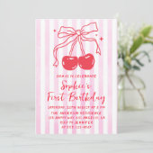 ピンクの弓のフルーツスイートチェリー初めての誕生日 招待状 (スタンド正面)