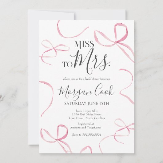 ピンクの弓のブライダルシャワー恋しく思招待、ミセス 招待状 (正面)