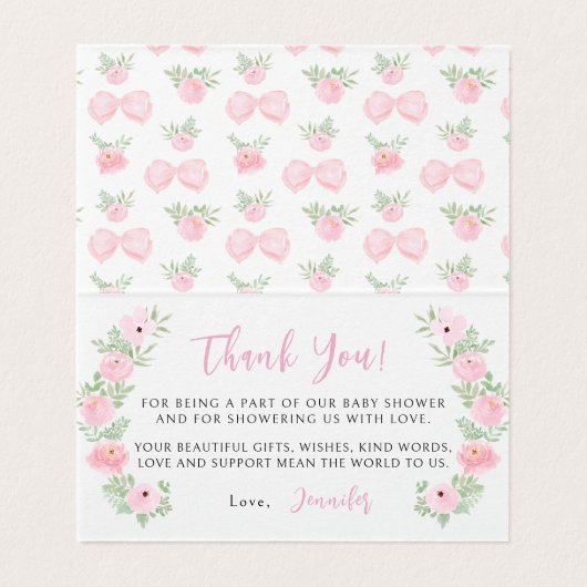 ピンクの弓のベビーガールシャワー折り畳み可能なサンキューカード (内部フラット)