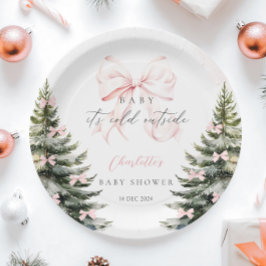 ピンクの弓のベビーシャワー外は寒い ペーパープレート